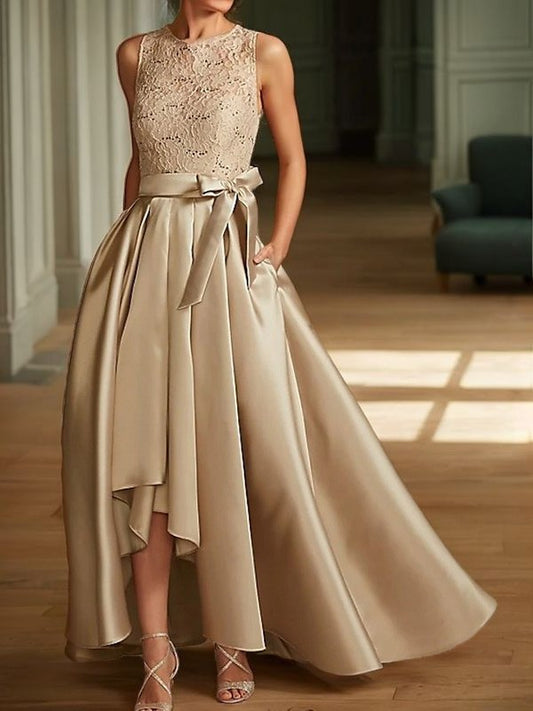A-Line/Princess Satin Sash/Ribbon/Belt Applique Scoop Sleeveless Asymmetrical Mother of the Bride Dresses