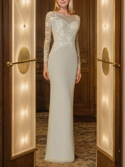 Sheath/Column Chiffon Applique Scoop Long Sleeves Floor-Length Mother of the Bride Dresses
