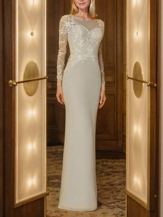 Sheath/Column Chiffon Applique Scoop Long Sleeves Floor-Length Mother of the Bride Dresses