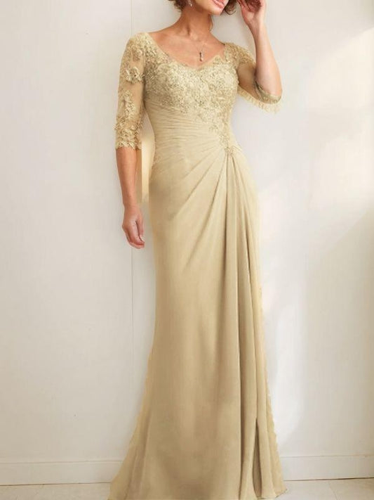 Sheath/Column Chiffon Applique Ruched V-neck 1/2 Sleeves Floor-Length Mother of the Bride Dresses
