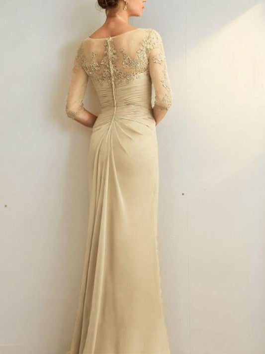 Sheath/Column Chiffon Applique Ruched V-neck 1/2 Sleeves Floor-Length Mother of the Bride Dresses