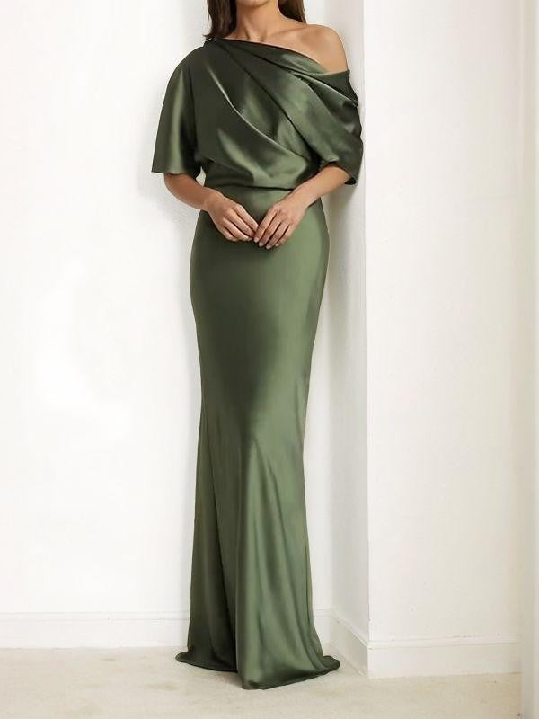 Sheath/Column Elastic Woven Satin Ruched One-Shoulder 1/2 Sleeves Floor-Length Mother of the Bride Dresses