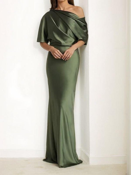 Sheath/Column Elastic Woven Satin Ruched One-Shoulder 1/2 Sleeves Floor-Length Mother of the Bride Dresses