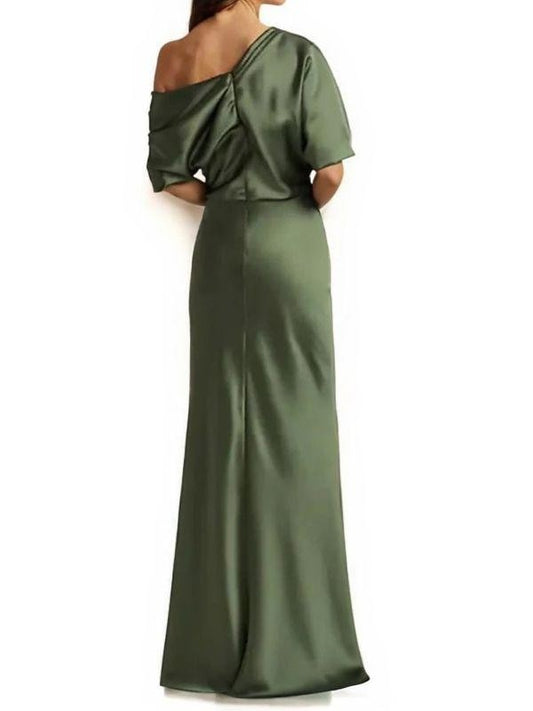 Sheath/Column Elastic Woven Satin Ruched One-Shoulder 1/2 Sleeves Floor-Length Mother of the Bride Dresses