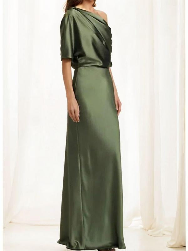 Sheath/Column Elastic Woven Satin Ruched One-Shoulder 1/2 Sleeves Floor-Length Mother of the Bride Dresses