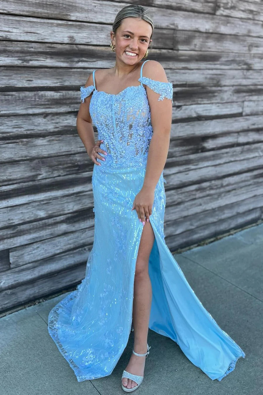 Flower lace cold shoulder mermaid long ball dress with slit