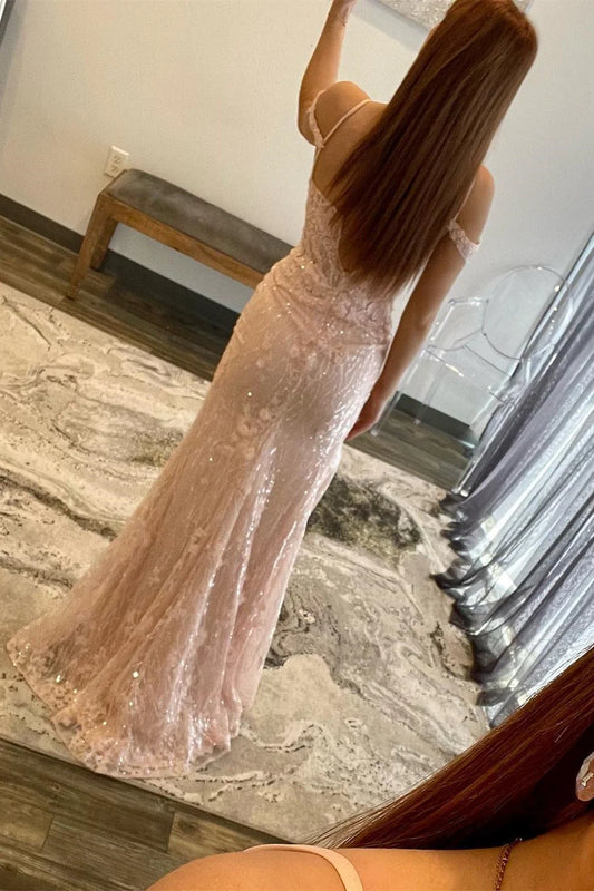Flower lace cold shoulder mermaid long ball dress with slit
