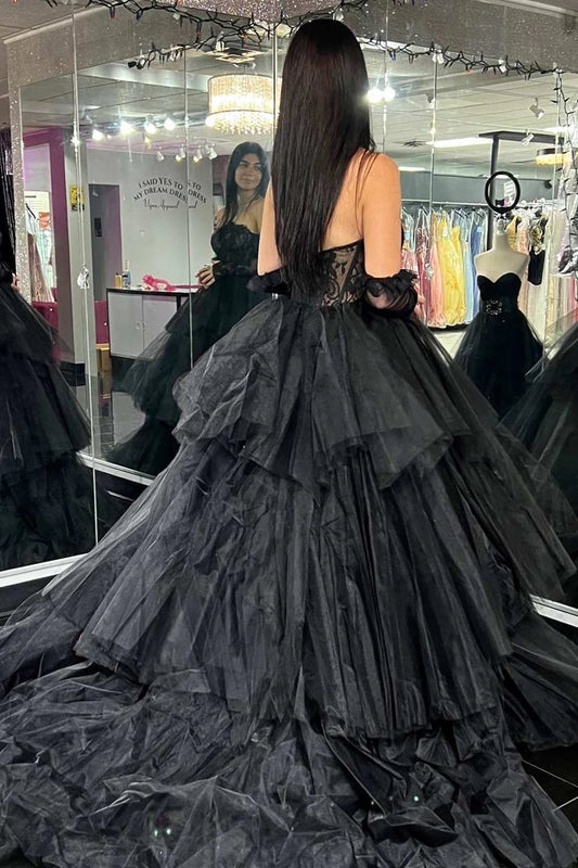 Lace strapless multi-layer long ball gown