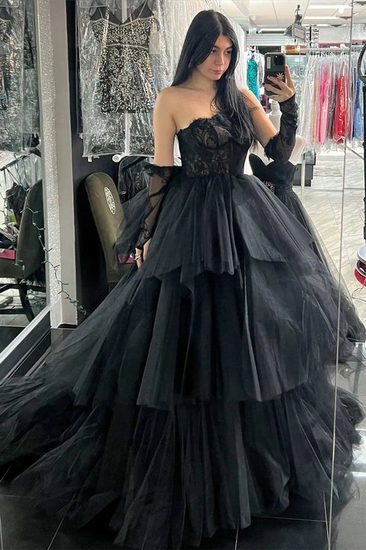 Lace strapless multi-layer long ball gown