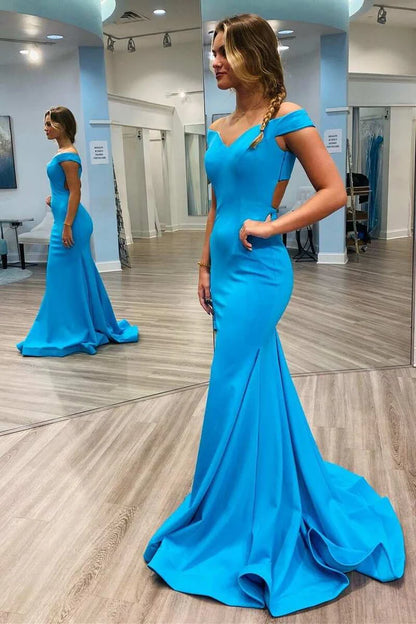 Elegant off shoulder long ball gown with exposed waist