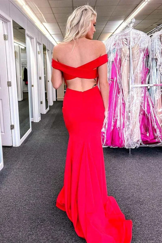Elegant off shoulder long ball gown with exposed waist