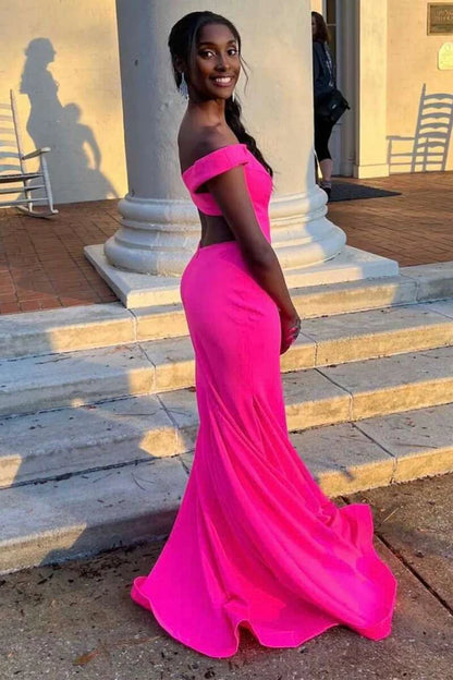 Elegant off shoulder long ball gown with exposed waist