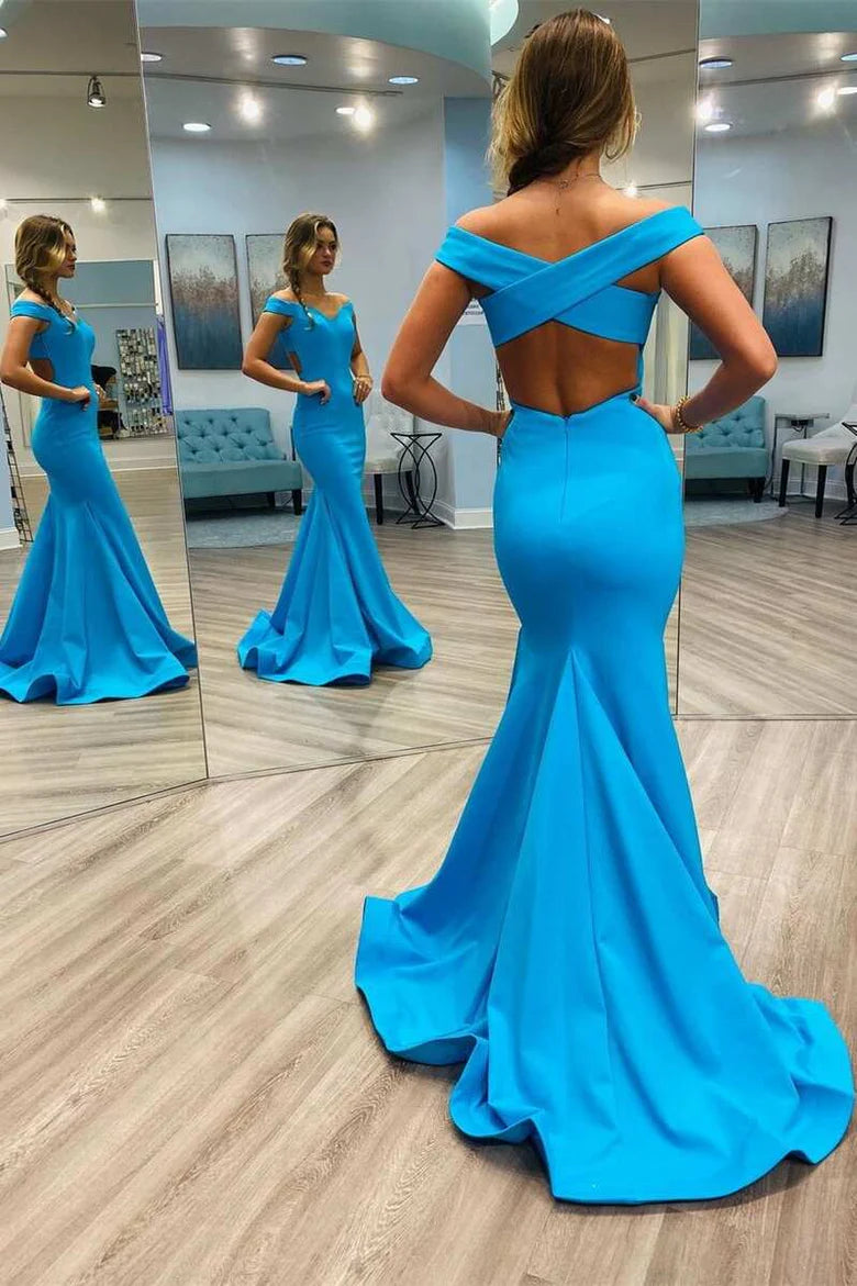 Elegant off shoulder long ball gown with exposed waist