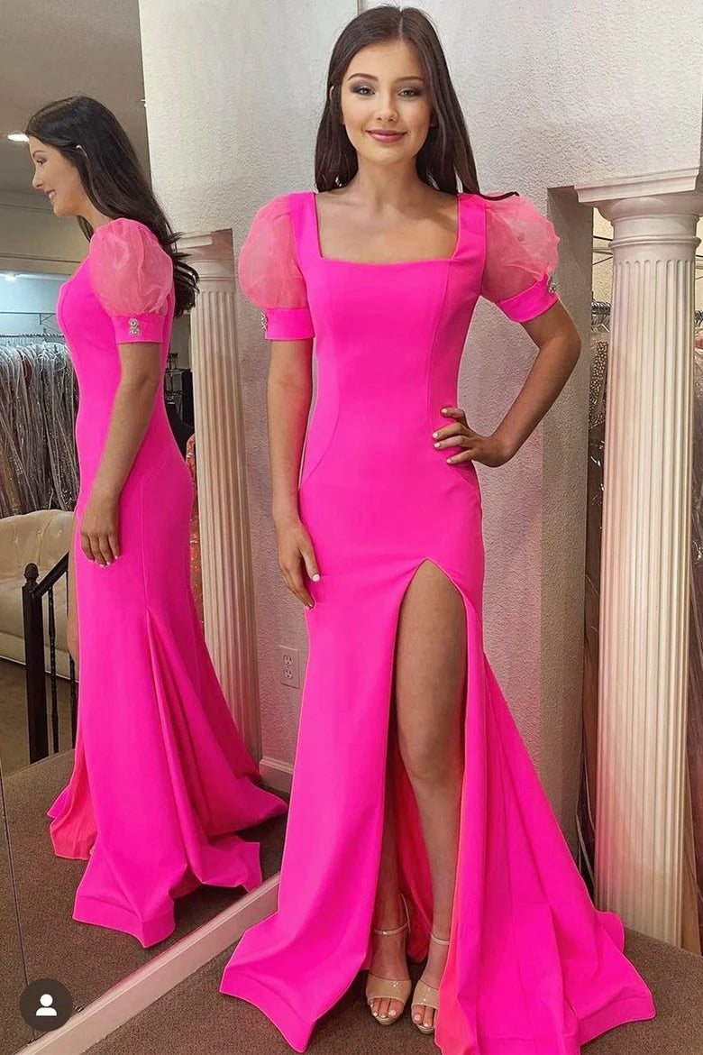 Square neck bubble sleeve mermaid long dress with slit