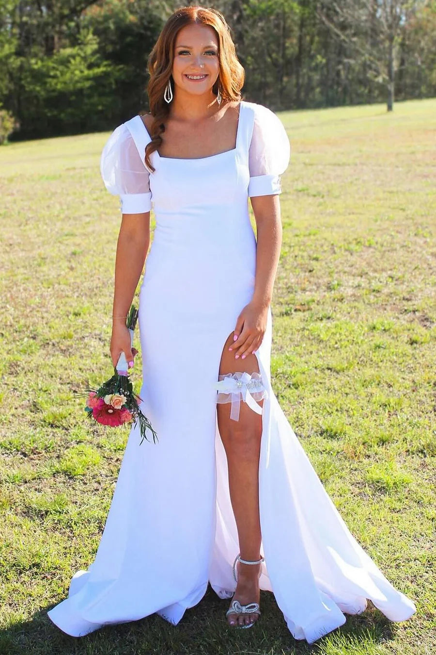 Square neck bubble sleeve mermaid long dress with slit