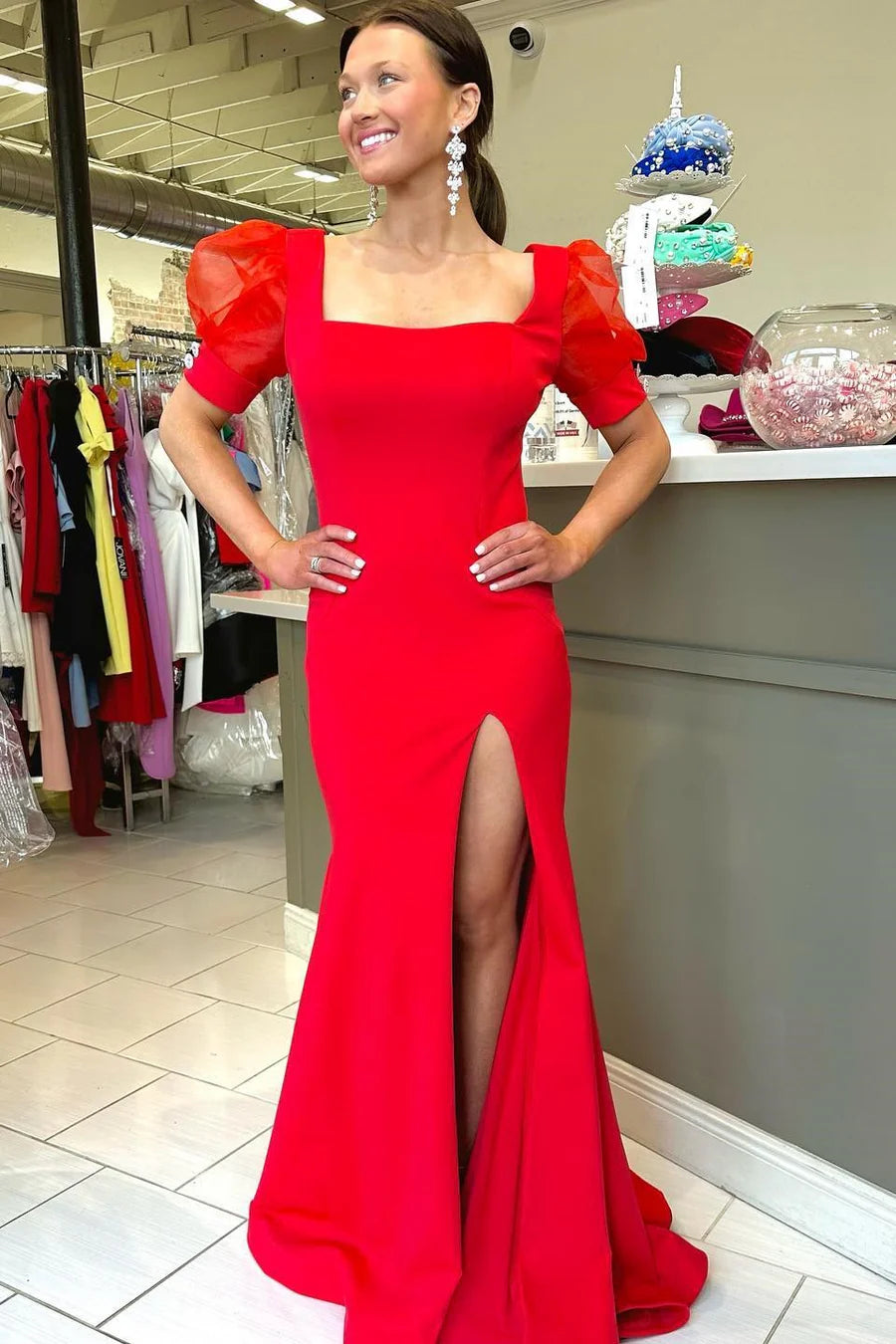 Square neck bubble sleeve mermaid long dress with slit