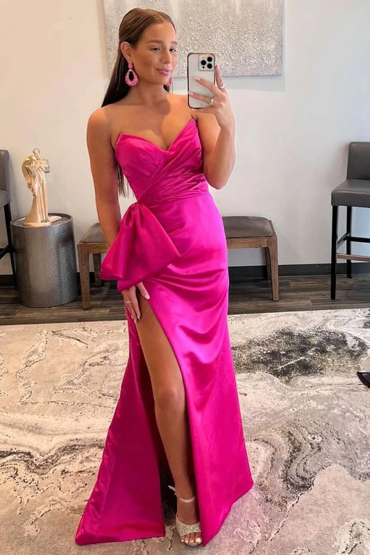 Satin strapless mermaid long formal dress with large bow