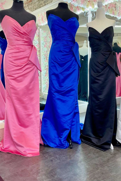 Satin strapless mermaid long formal dress with large bow