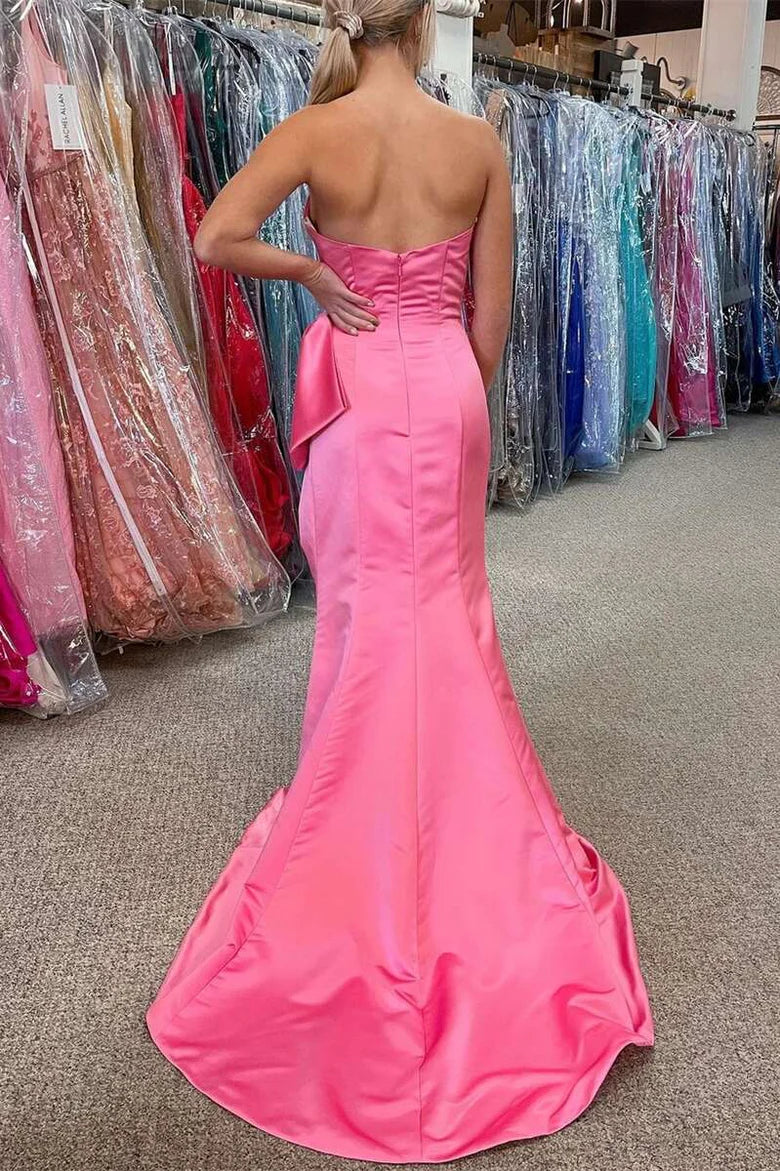 Satin strapless mermaid long formal dress with large bow