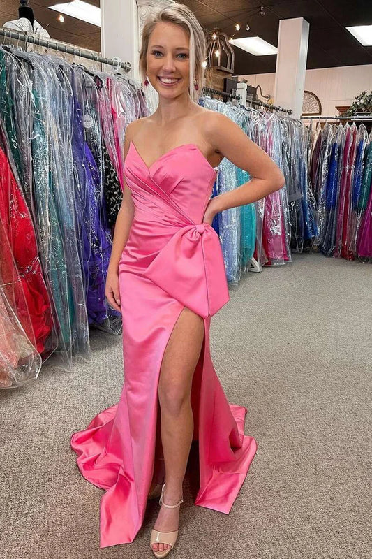 Satin strapless mermaid long formal dress with large bow