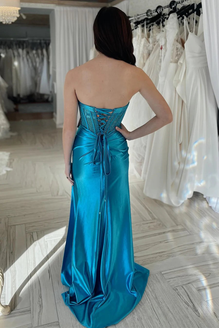 Diamond strapless mermaid long formal slit dress