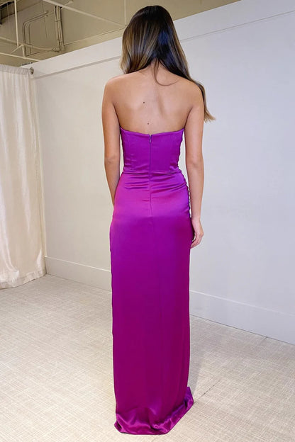 Sleeveless strapless pleated long formal slit dress