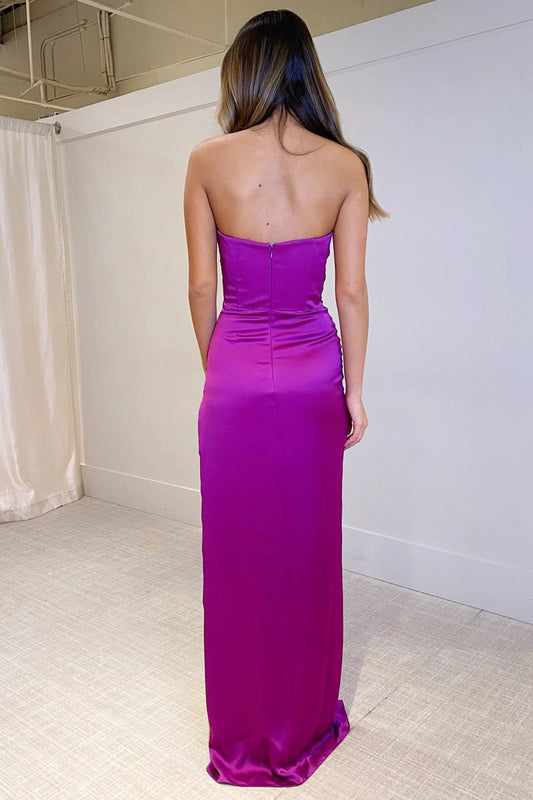 Sleeveless strapless pleated long formal slit dress