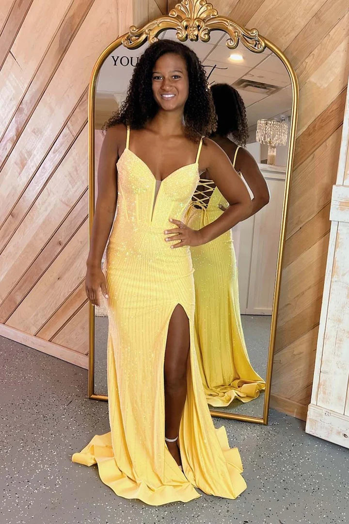 Fitted Beaded Corset Bodice Prom Dress with Slit