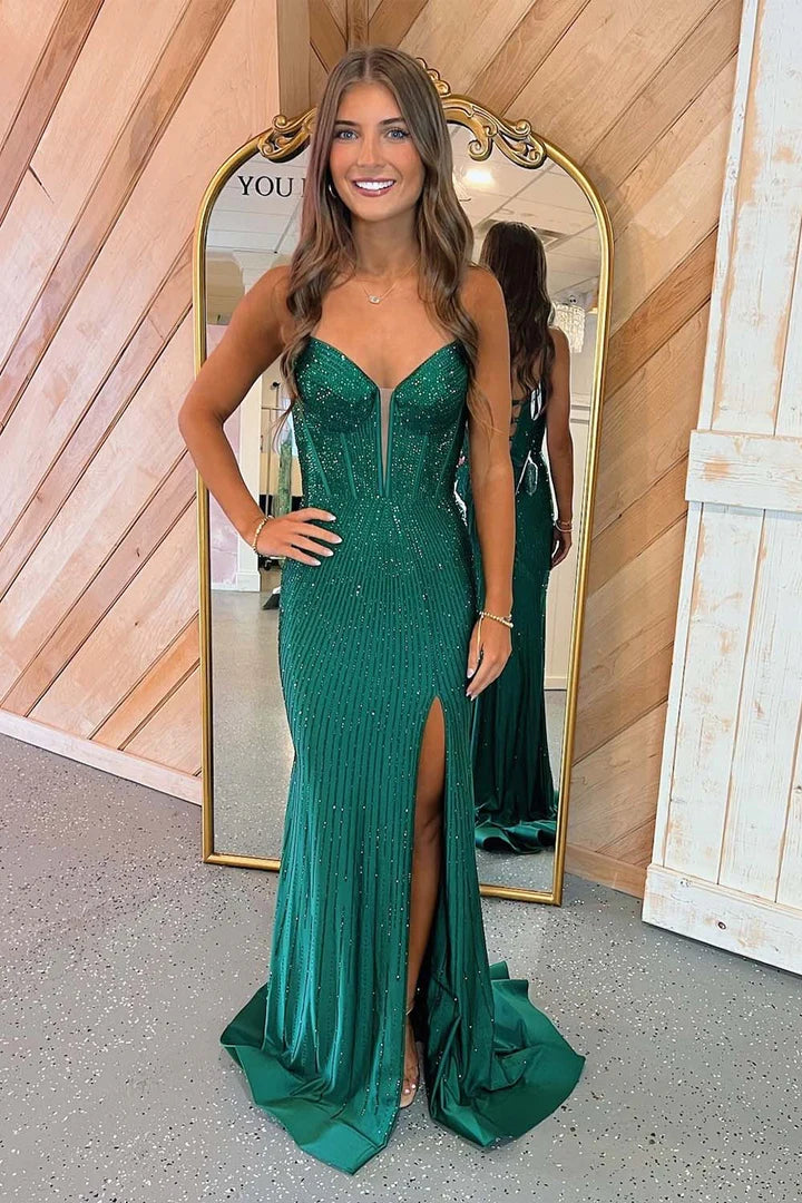 Fitted Beaded Corset Bodice Prom Dress with Slit