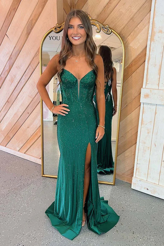 Fitted Beaded Corset Bodice Prom Dress with Slit