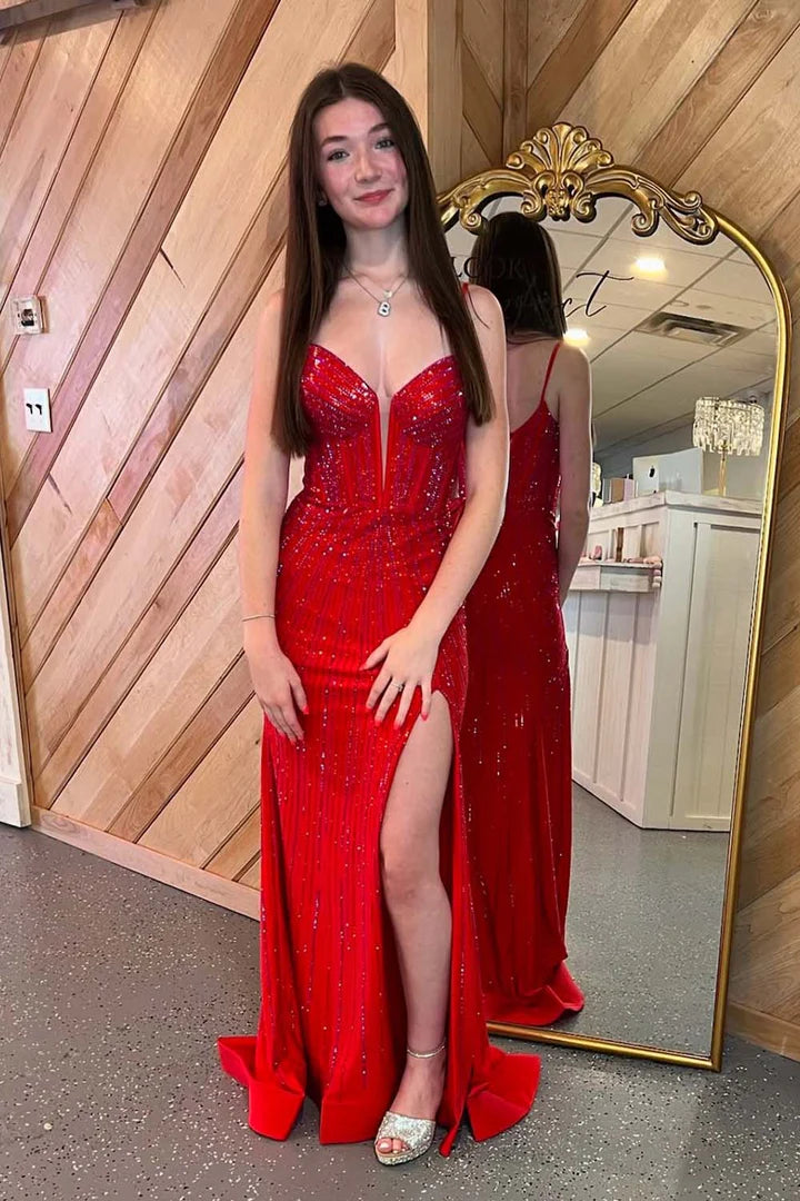 Fitted Beaded Corset Bodice Prom Dress with Slit