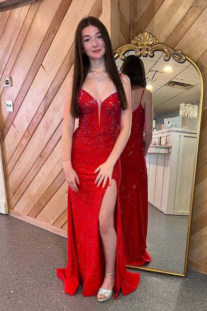 Fitted Beaded Corset Bodice Prom Dress with Slit