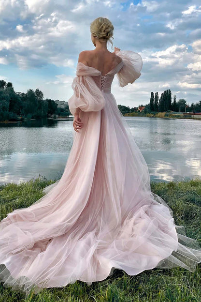 Long Sleeves Light Pink Tulle Prom Gown