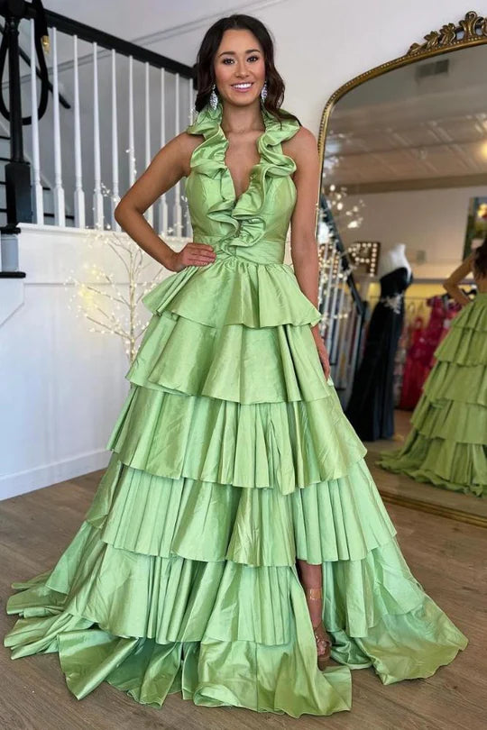 Strap edge pleated A-line long slit ball dress backless