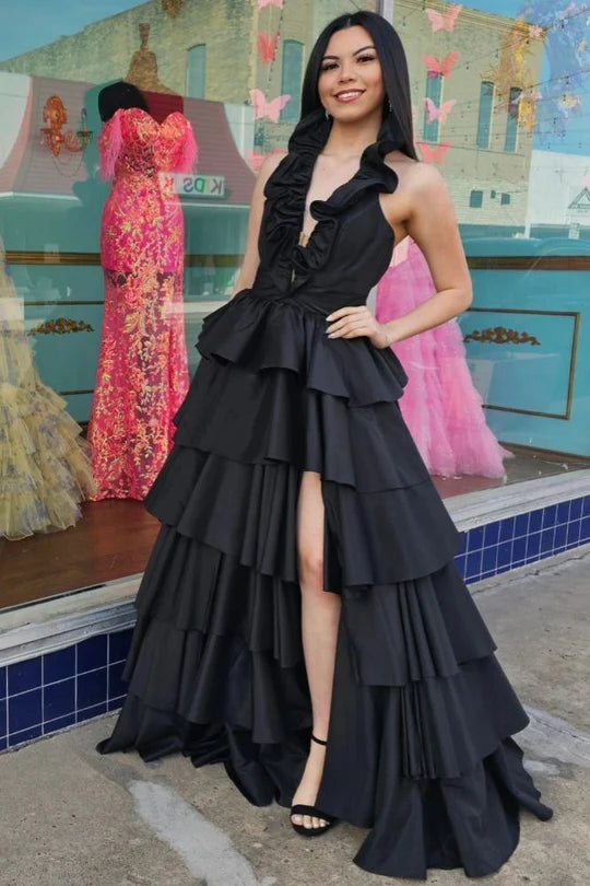 Strap edge pleated A-line long slit ball dress backless