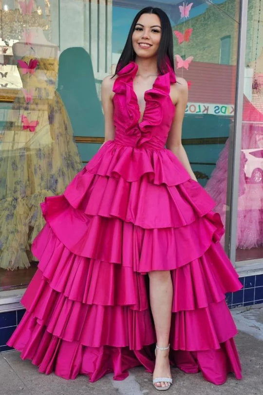 Strap edge pleated A-line long slit ball dress backless