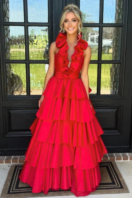 Strap edge pleated A-line long slit ball dress backless