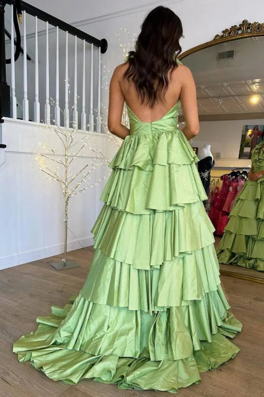 Strap edge pleated A-line long slit ball dress backless