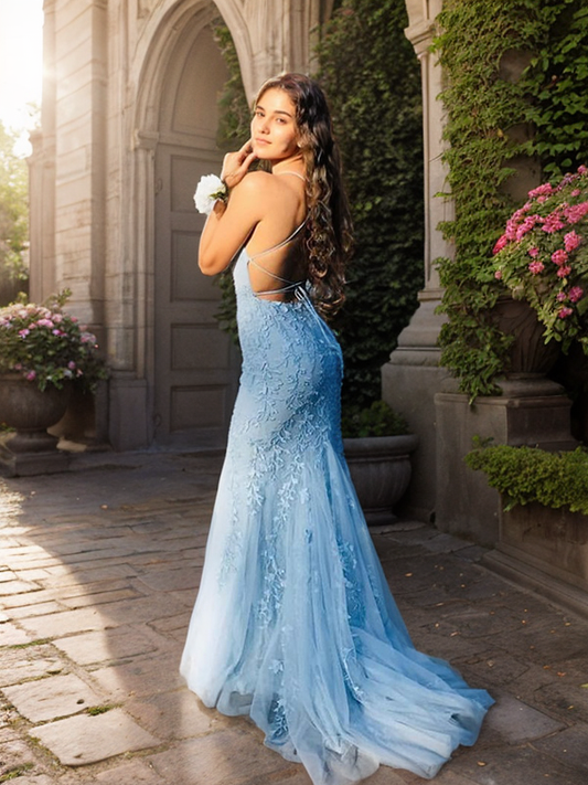 Mermaid chiffon applique sleeveless dress