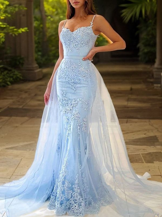 A-Line/Princess Tulle Lace Spaghetti Straps Sleeveless Court Train Dresses
