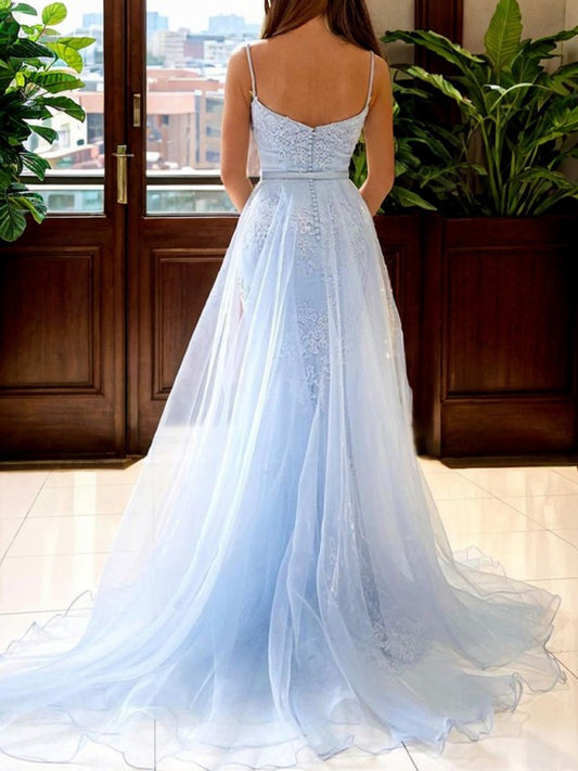 A-Line/Princess Tulle Lace Spaghetti Straps Sleeveless Court Train Dresses