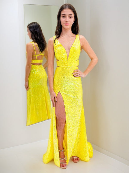 Sheath/Column Sequins V-neck Sleeveless Floor-Length Dresses