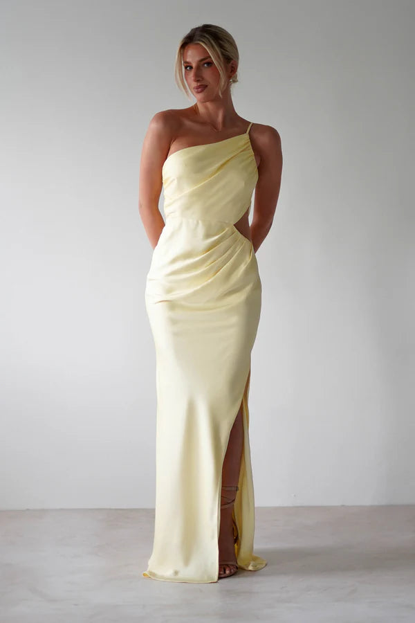 Milk yellow single shoulder asymmetric waist revealing long skirt dress