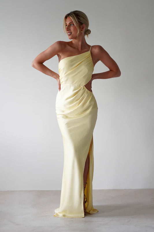 Milk yellow single shoulder asymmetric waist revealing long skirt dress