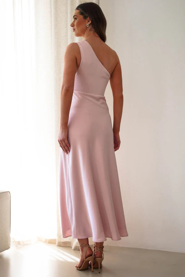 Single shoulder light pink cinched satin dress