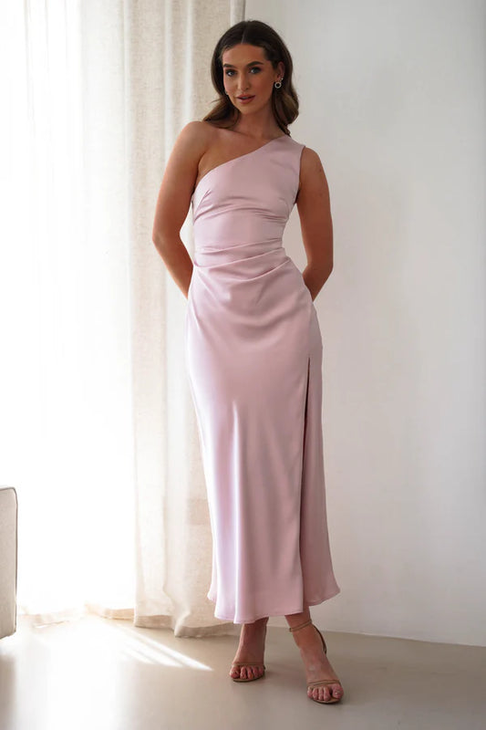 Single shoulder light pink cinched satin dress