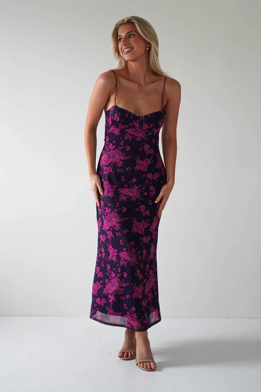 Thin suspender backless waist cinching floral dress
