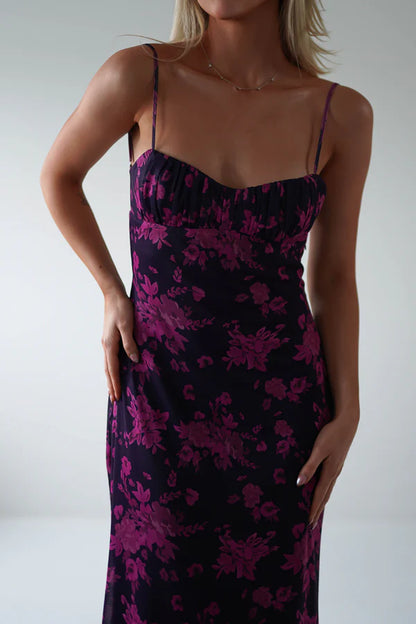 Thin suspender backless waist cinching floral dress