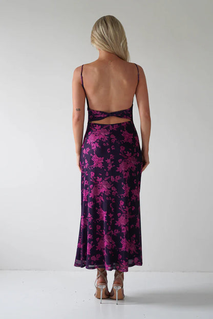Thin suspender backless waist cinching floral dress