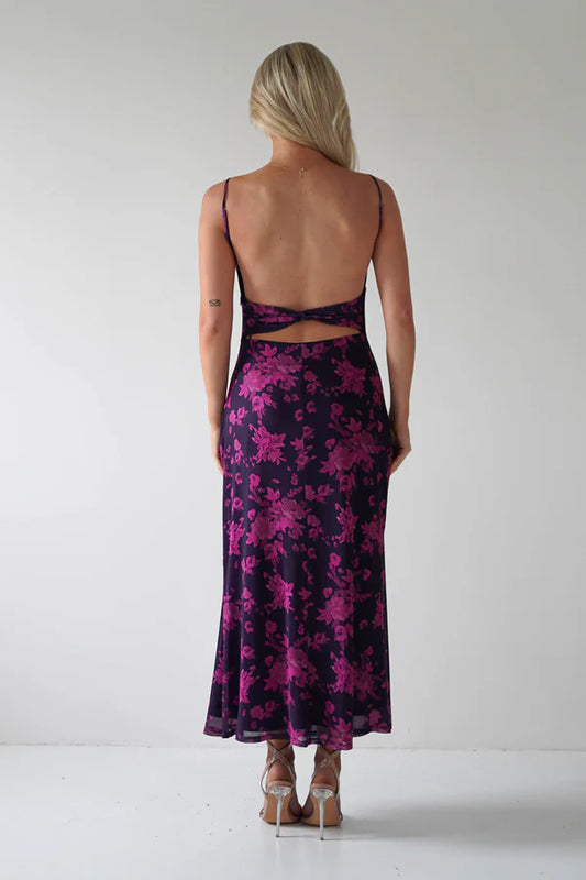 Thin suspender backless waist cinching floral dress